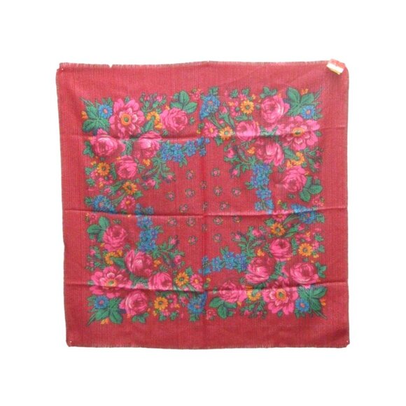 Grandma Floral Square Scarf 35 in Roses Synthetic Frayed Edge Ukraine Made USSR - Picture 1 of 14